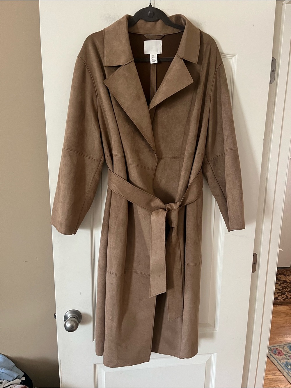 H&M Long Taupe Faux Suede Wrap Coat with Tie Belt Oversized Women’s Size Small